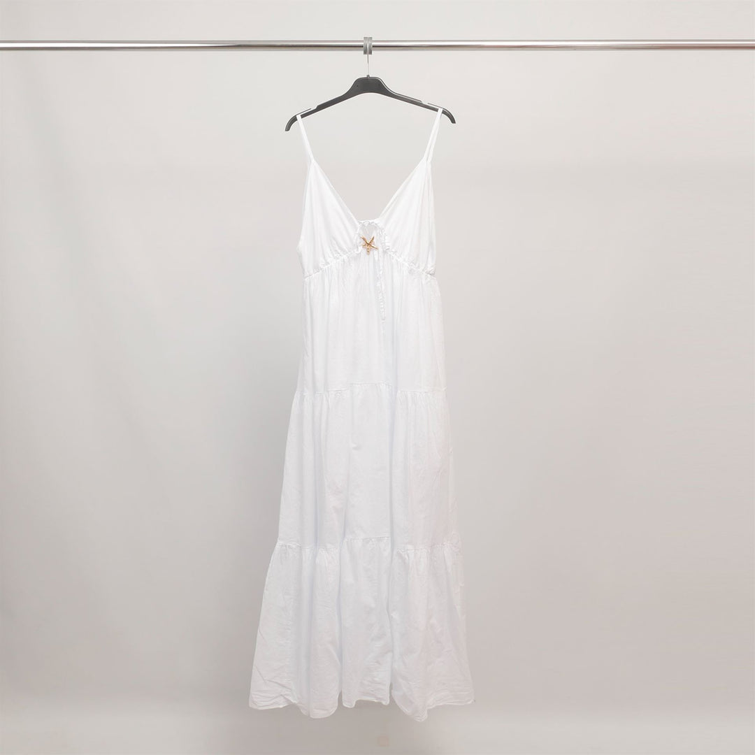 Long backless cotton dress with shell detail TDM65325