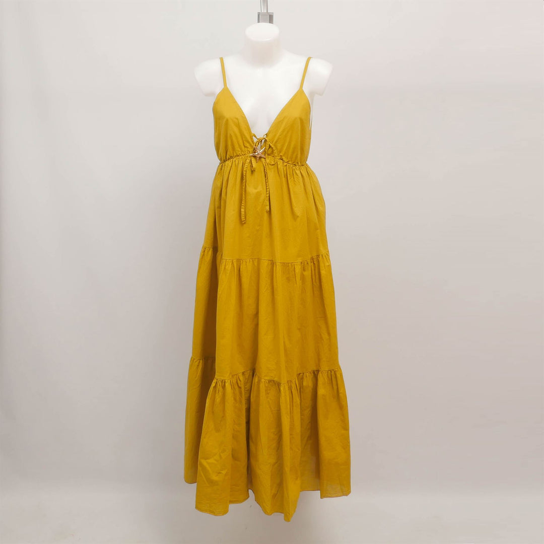 Long backless cotton dress with shell detail TDM65325
