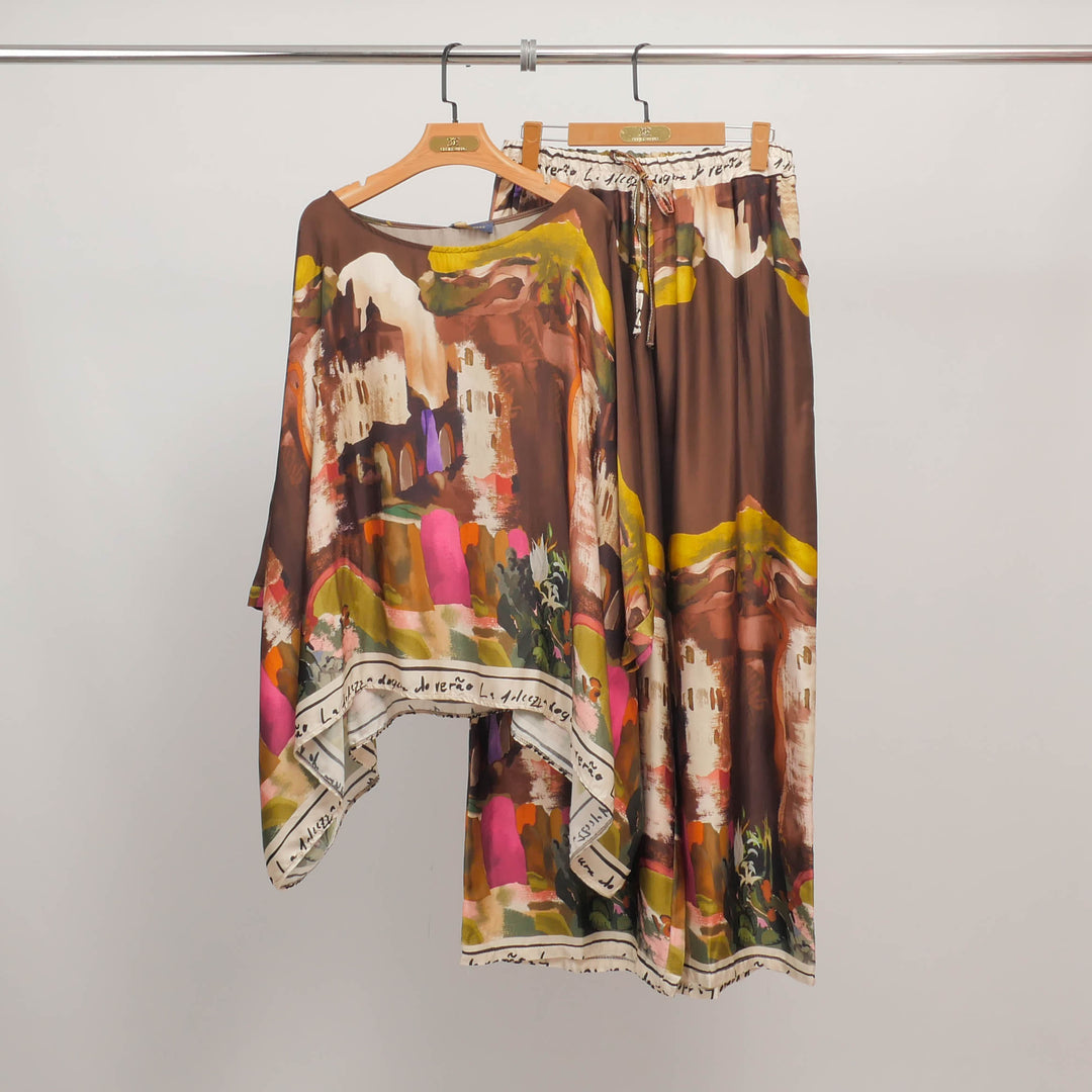 Flowy tunic with artistic print in viscose and silk KD8762VS-27