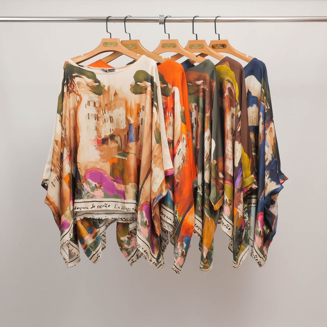 Flowy tunic with artistic print in viscose and silk KD8762VS-27