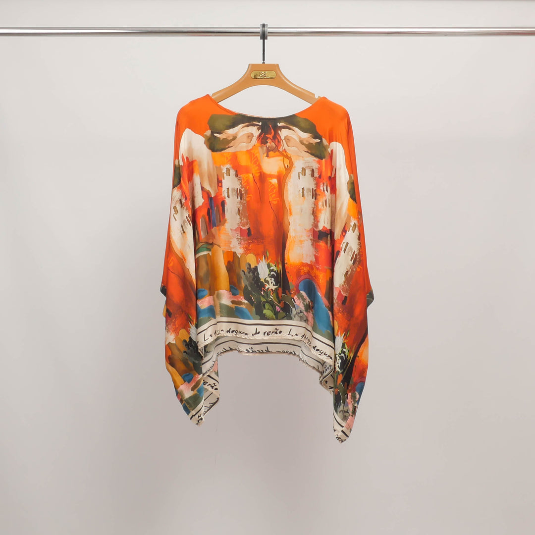 Flowy tunic with artistic print in viscose and silk KD8762VS-27