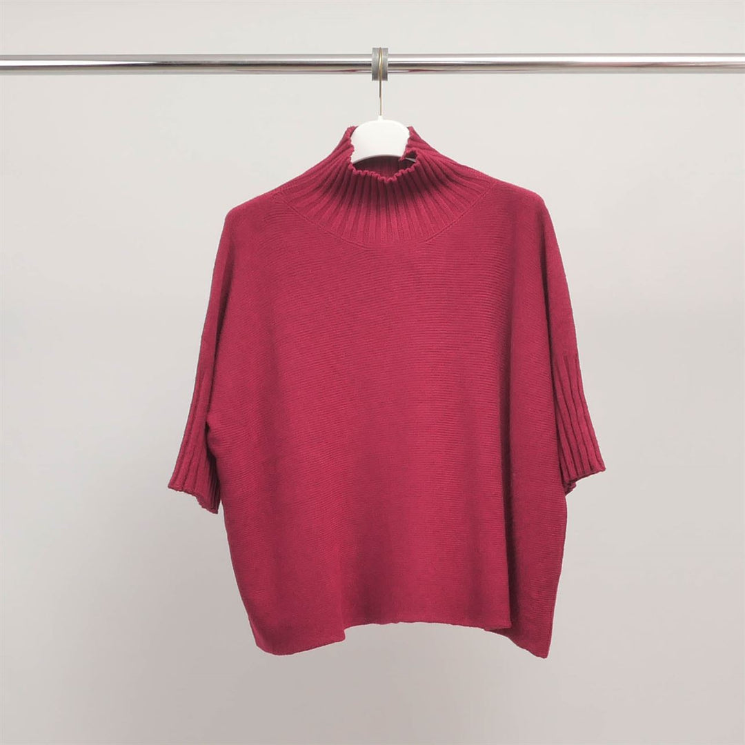 Oversized ribbed turtleneck sweater with short sleeves YF370164