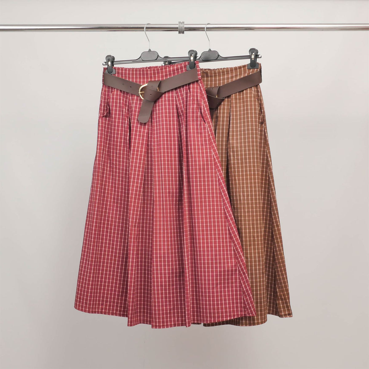 Checkered midi skirt with belt tdm52123 25
