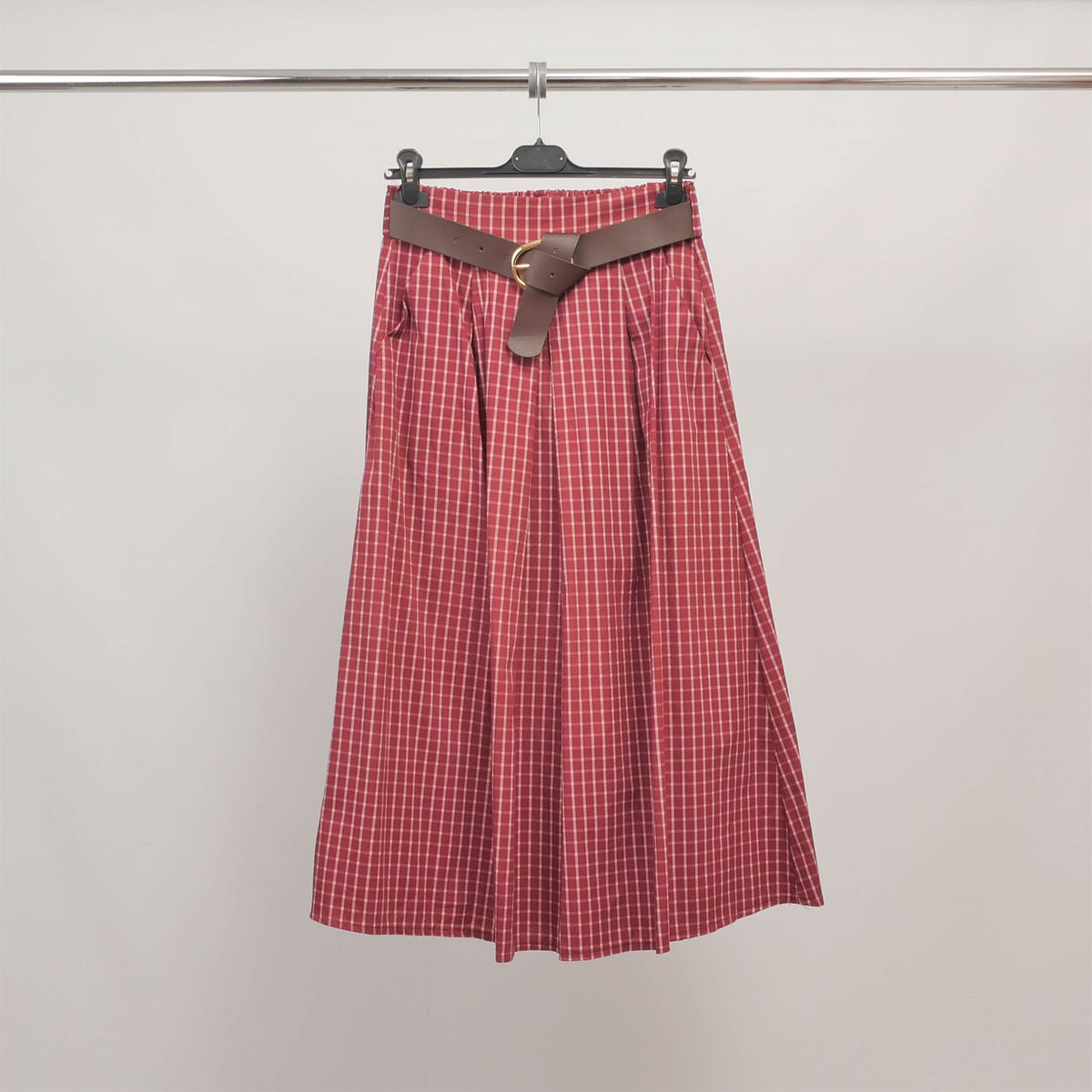 Checkered midi skirt with belt tdm52123 25