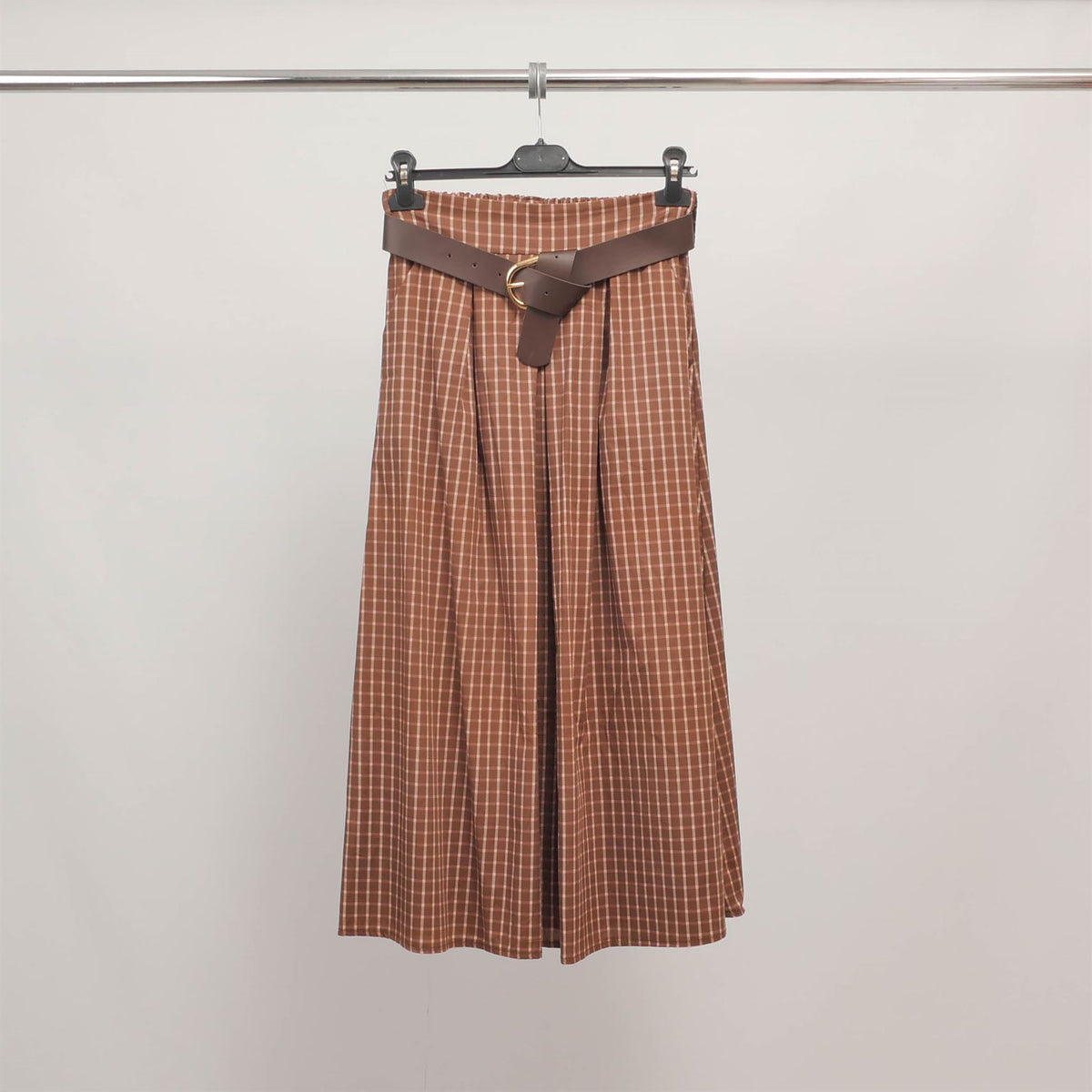 Checkered midi skirt with belt tdm52123 25