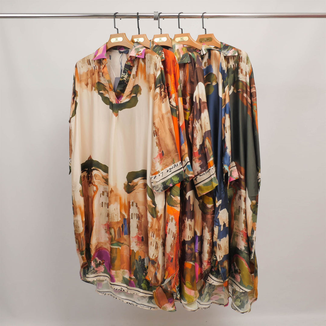 Flowy dress with landscape print and open neckline KD6120VS-27