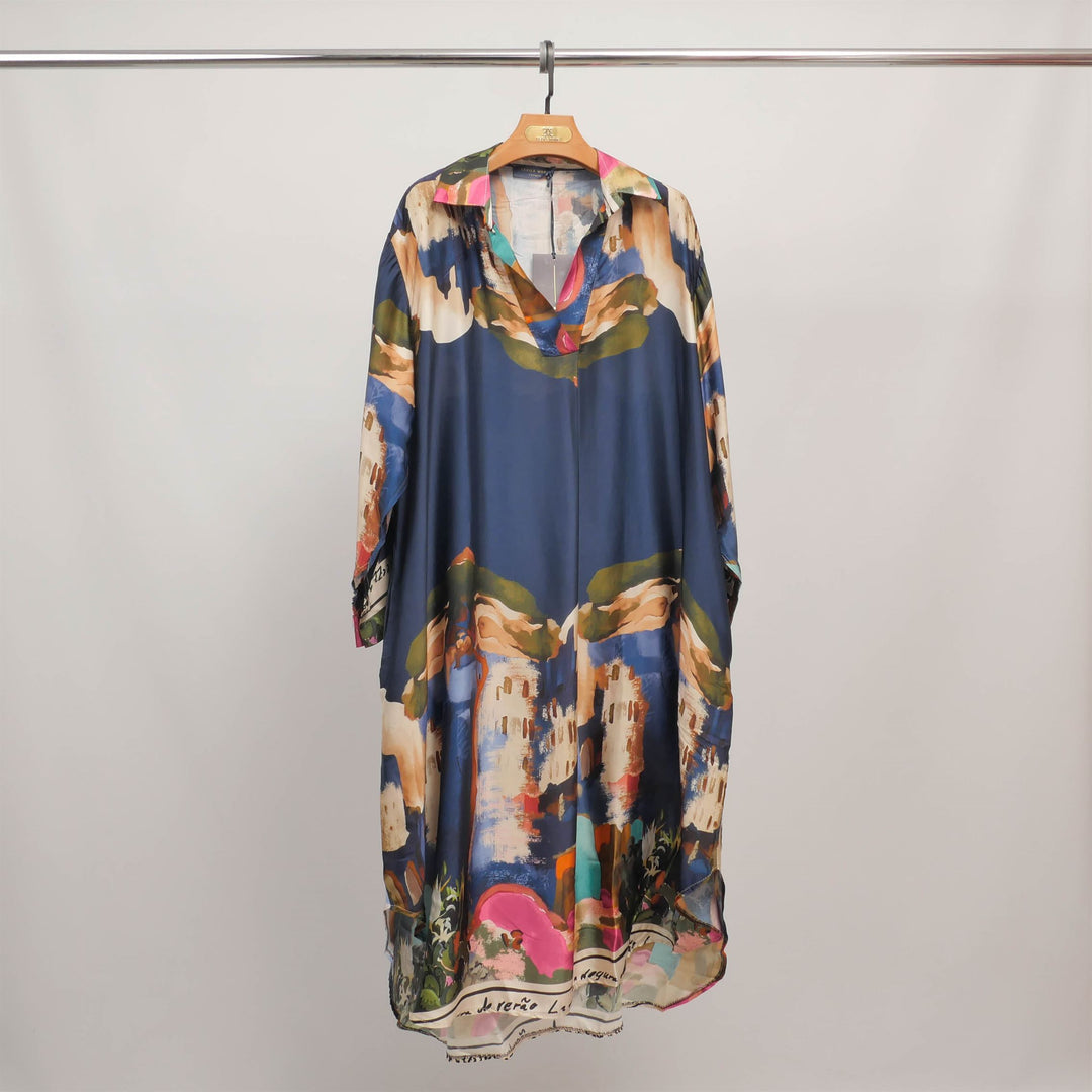 Flowy dress with landscape print and open neckline KD6120VS-27