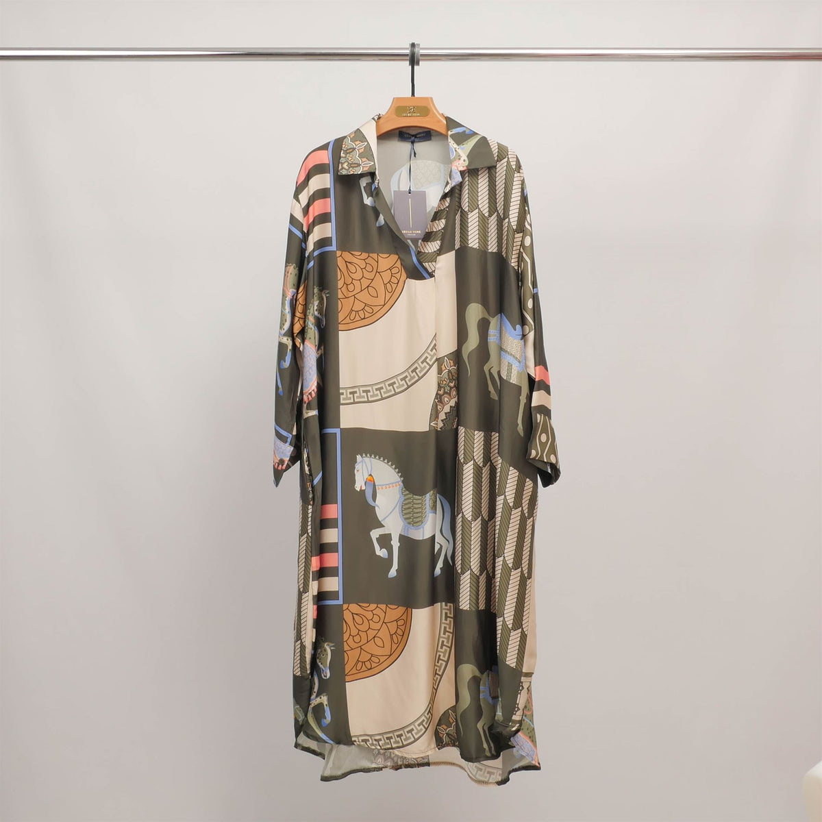 Long equestrian print dress with shirt collar kd6120vs 20