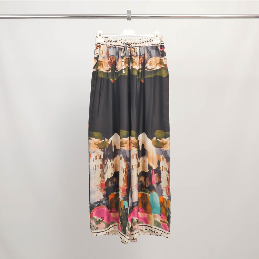 Wide-leg trousers with a painting print in viscose and silk KD6637VS-27