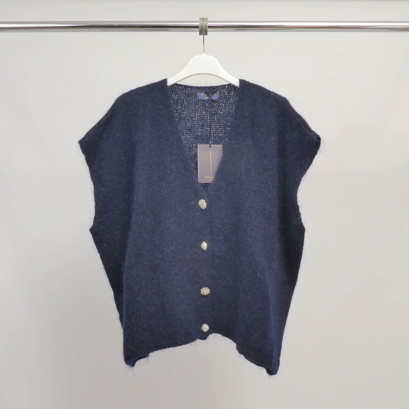 Sleeveless fluffy knit vest with jeweled buttons - MCL24002