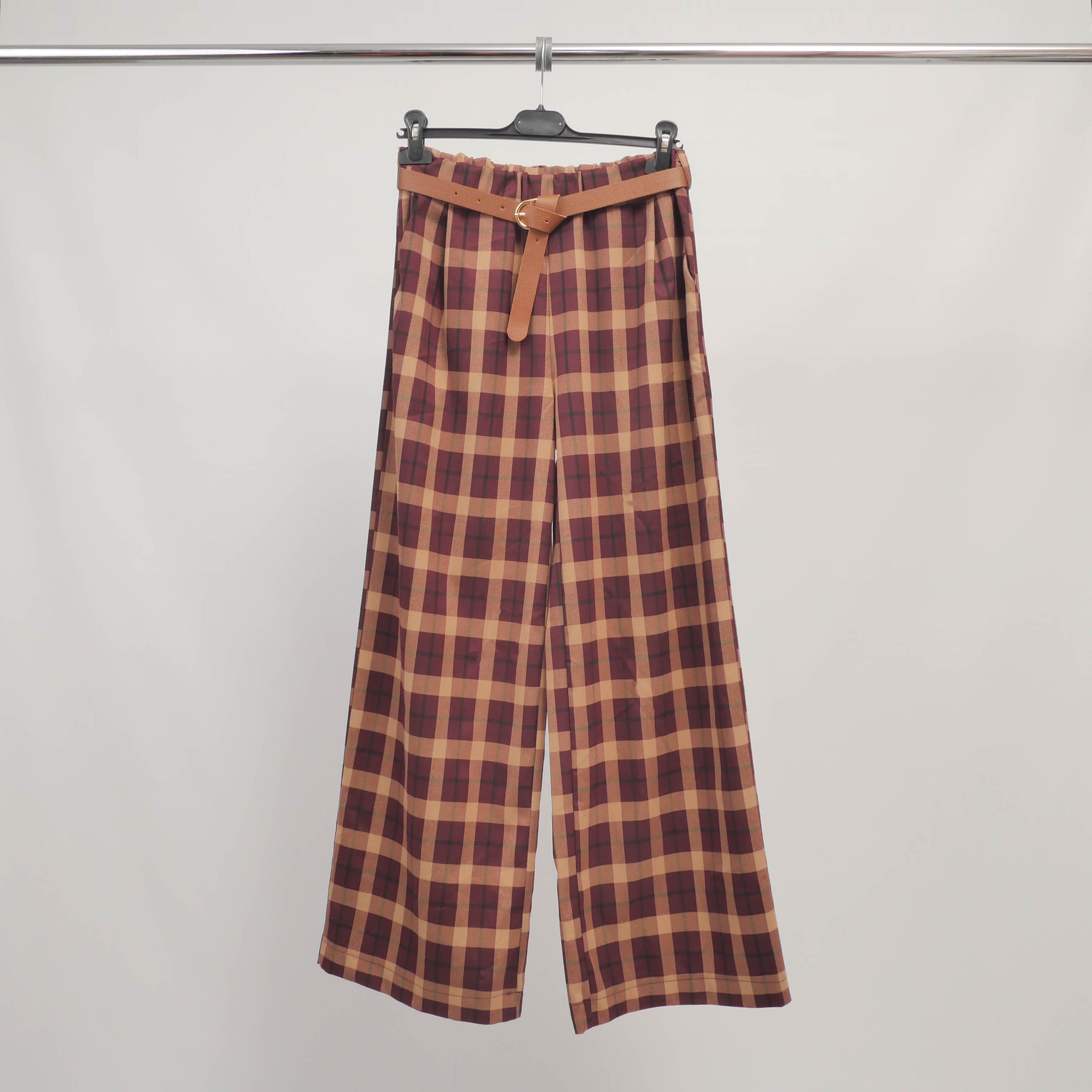 Pantalon large à carreaux ceinturé – TDM78223-10