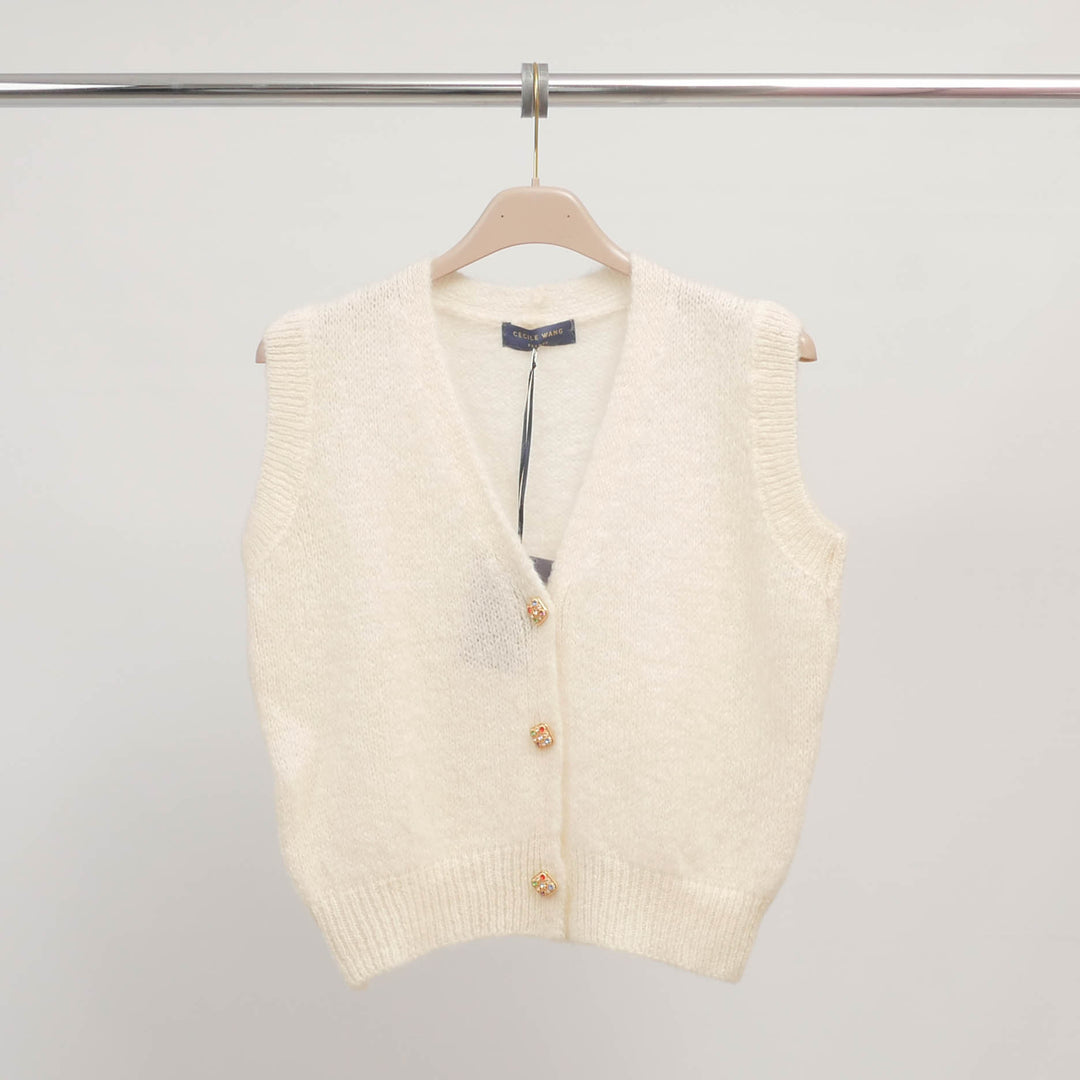Sleeveless mohair knit vest with jeweled buttons – CA10543