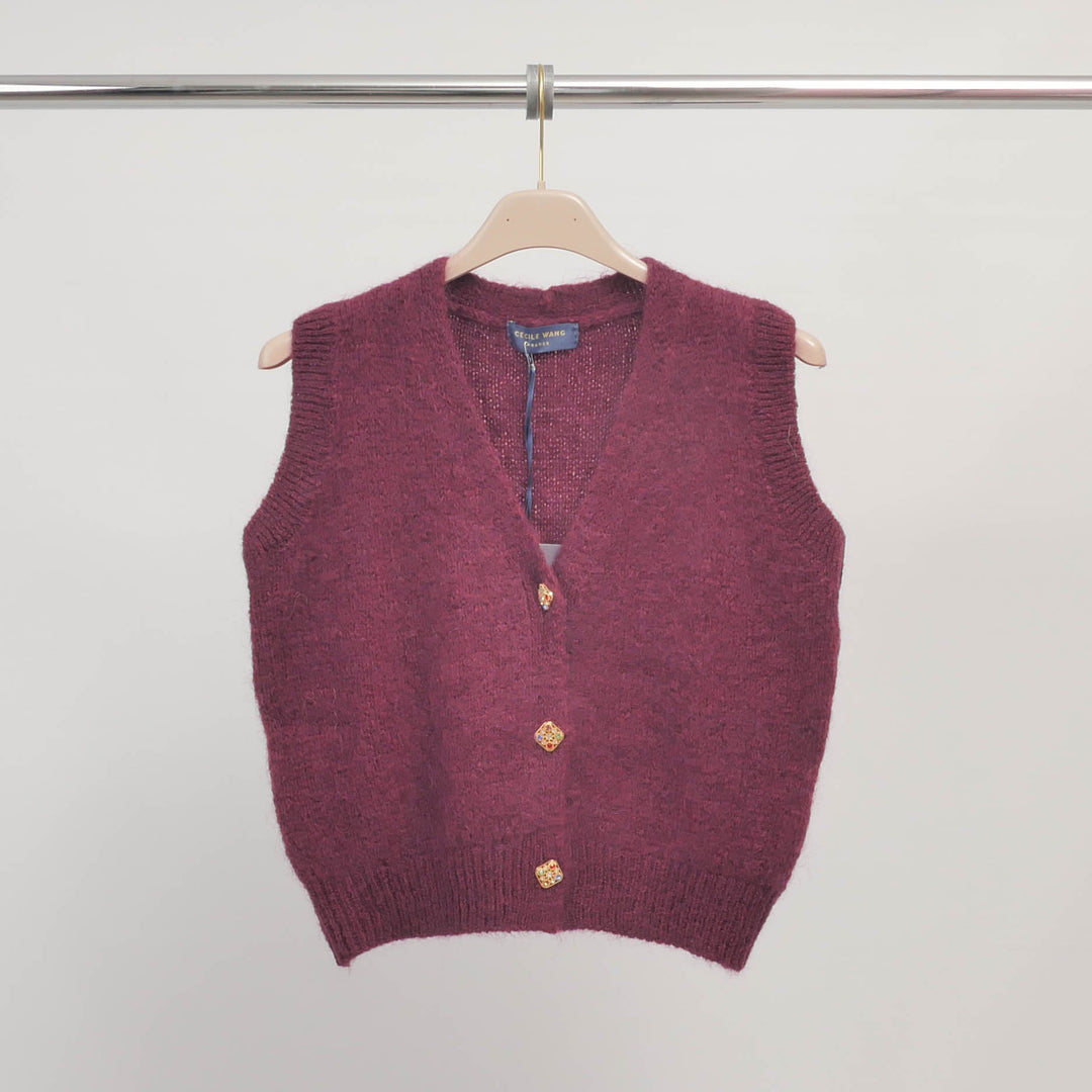 Sleeveless mohair knit vest with jeweled buttons – CA10543