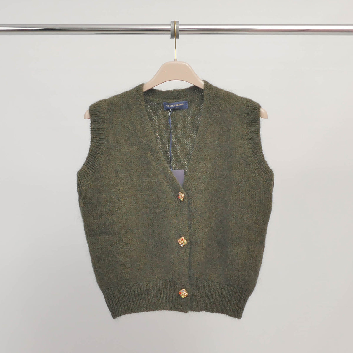 Sleeveless mohair knit vest with jeweled buttons – ca10543