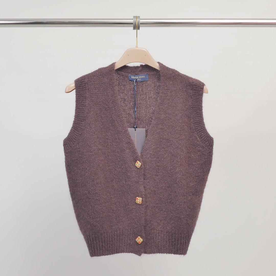 Sleeveless mohair knit vest with jeweled buttons – CA10543