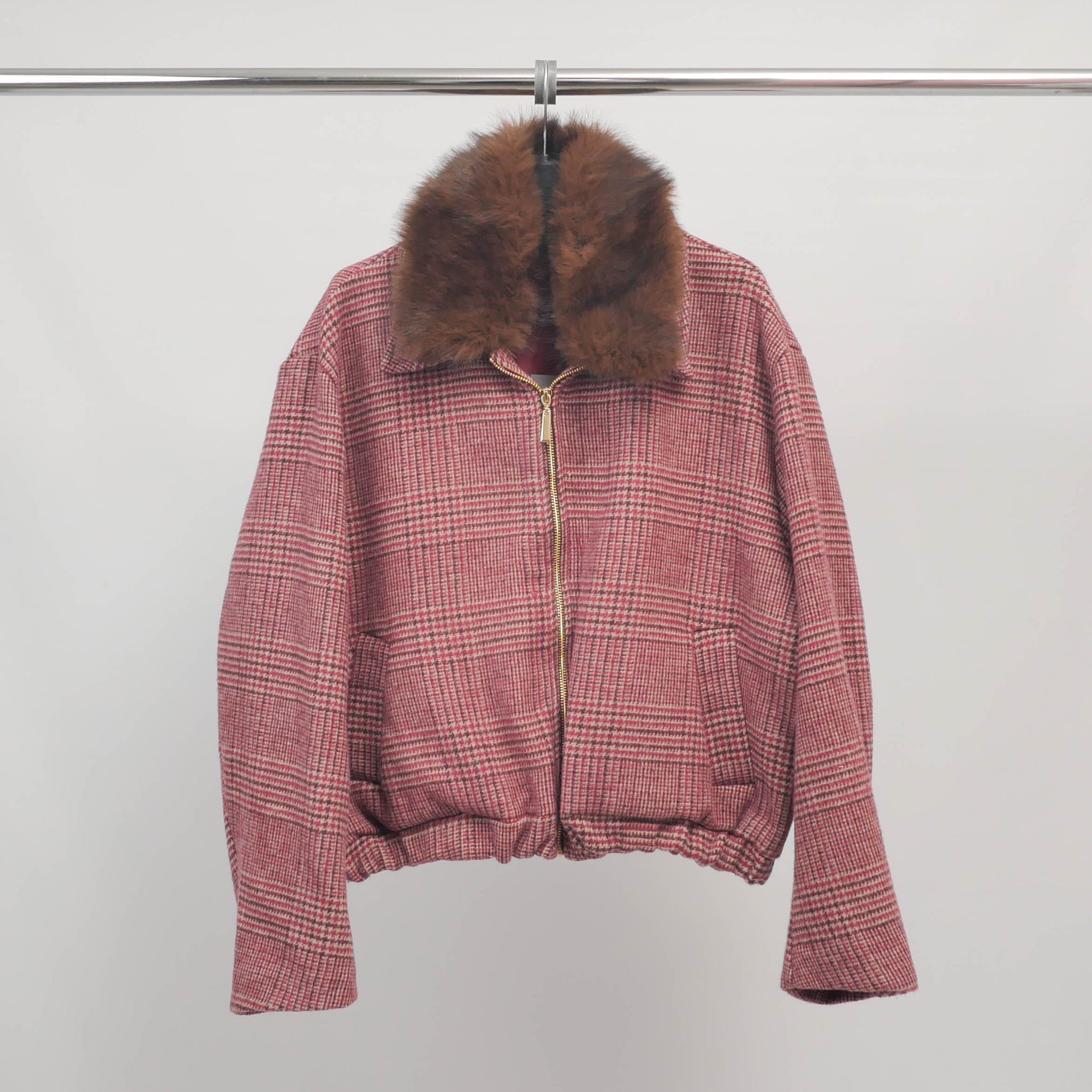 Veste à carreaux rose col amovible fausse fourrure TDM70025-2