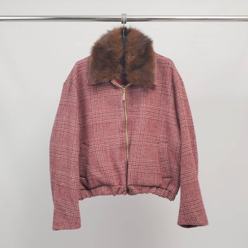 Veste à carreaux rose col amovible fausse fourrure TDM70025-2