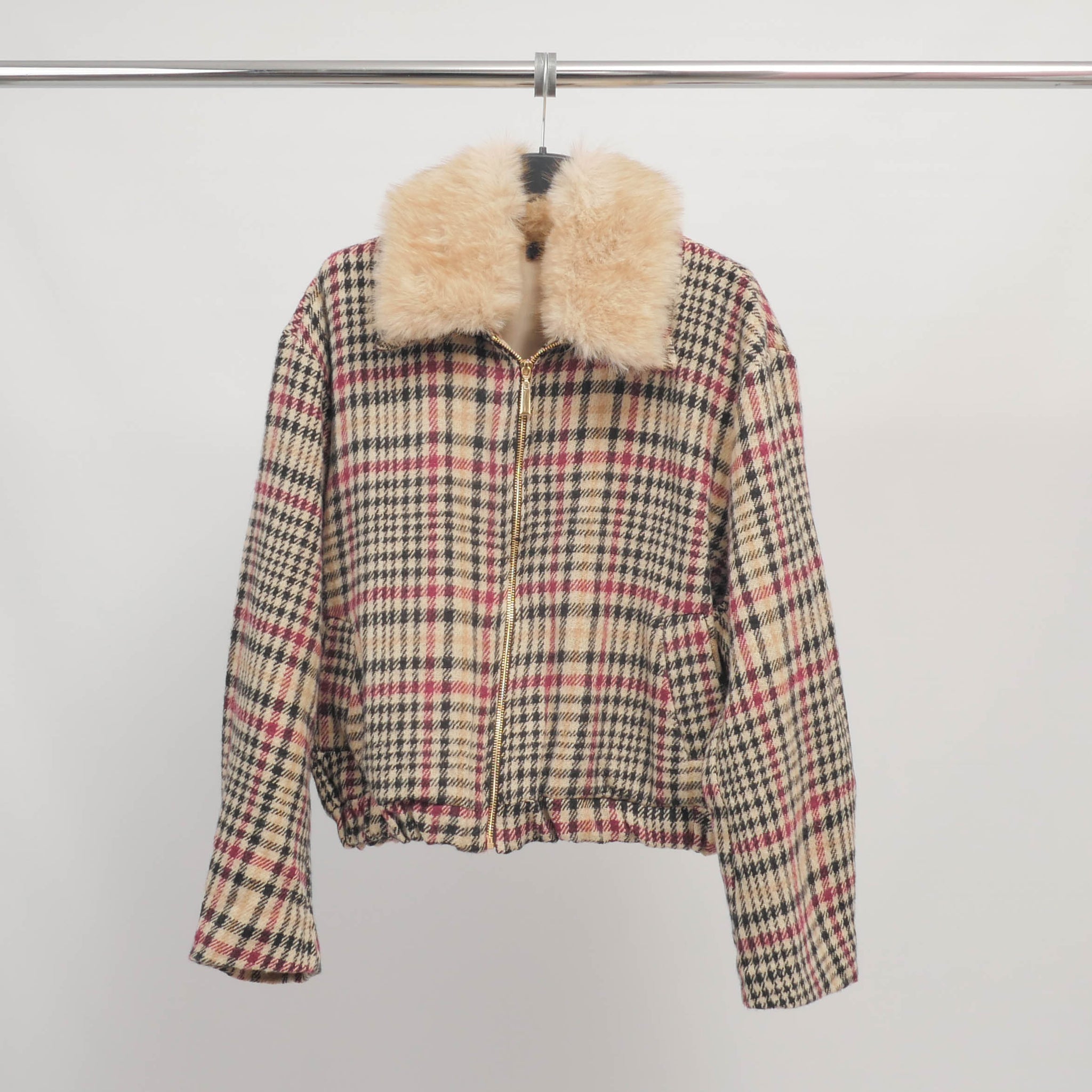 Veste pied-de-poule beige col fausse fourrure amovible TDM70025-3