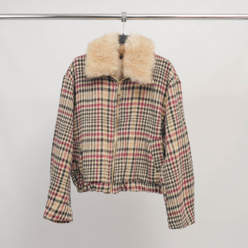 Veste pied-de-poule beige col fausse fourrure amovible TDM70025-3