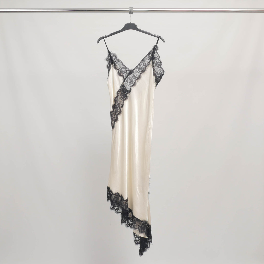 Satin dress with asymmetrical lace straps MF55827