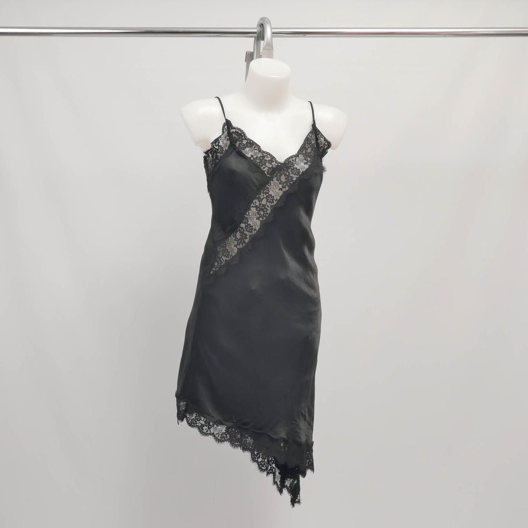 Satin dress with asymmetrical lace straps MF55827