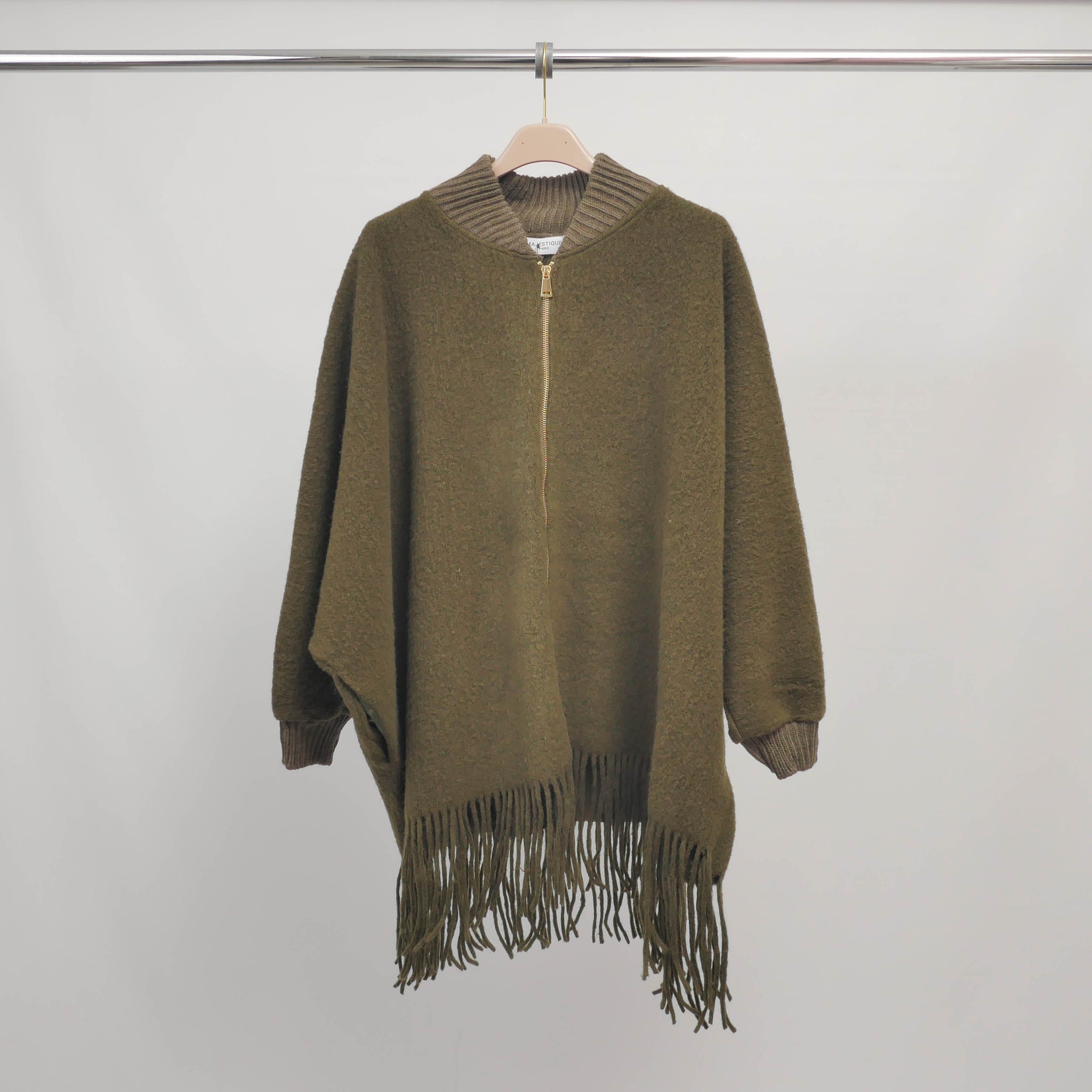 Poncho à franges zippé manches chauve-souris – MJ84202