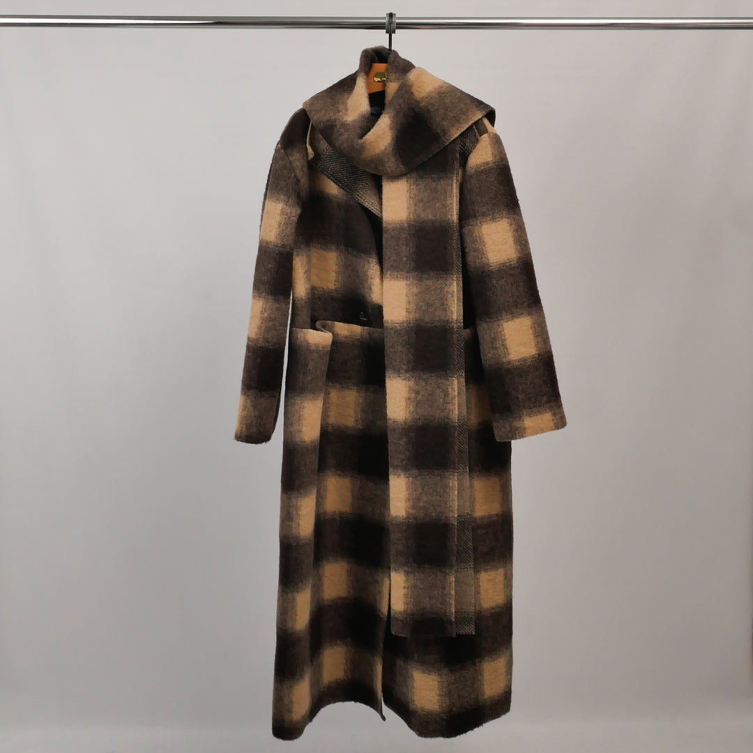 Checkered coat with integrated scarf TDM37022