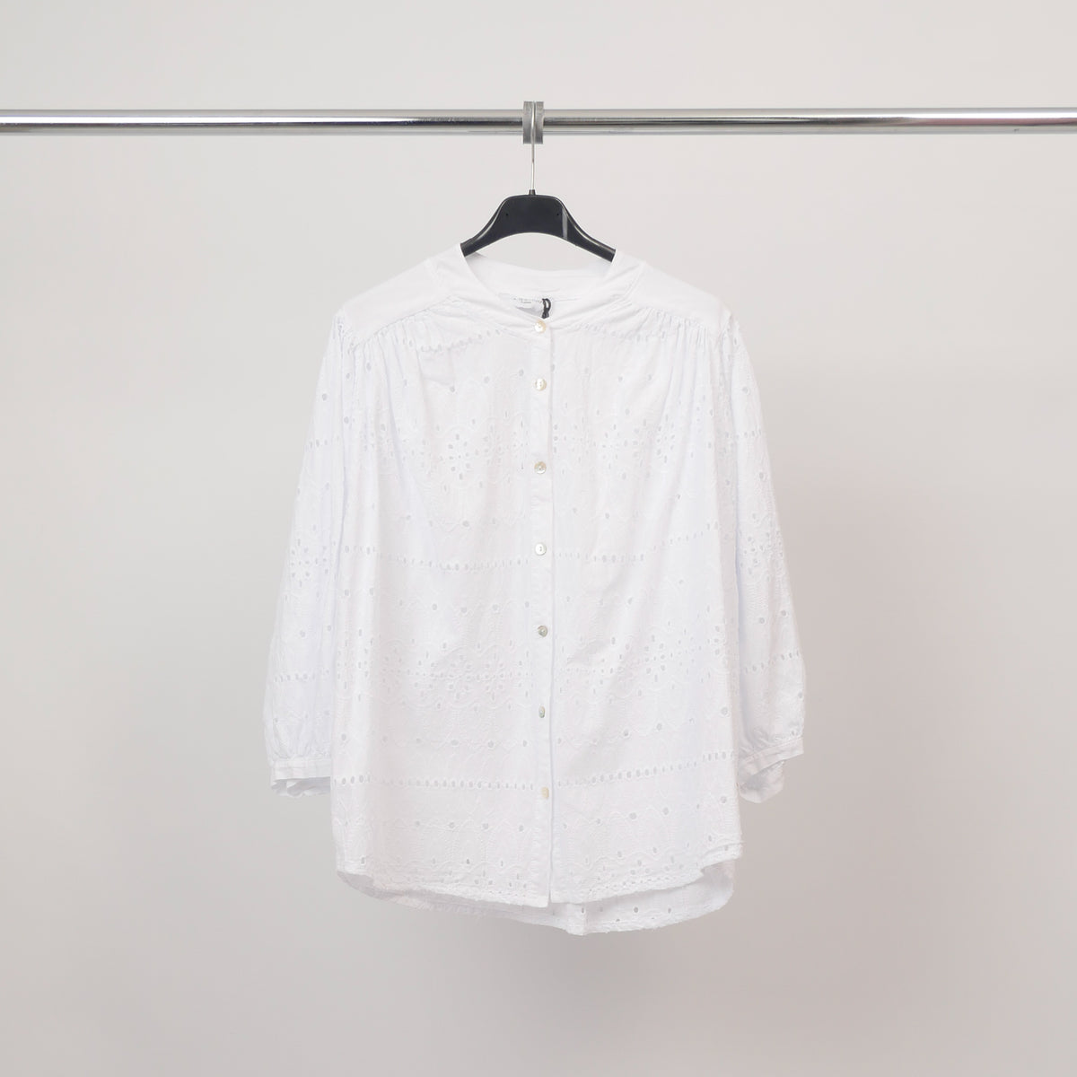 Mandarin collar blouse with english embroidery, cotton mj60244