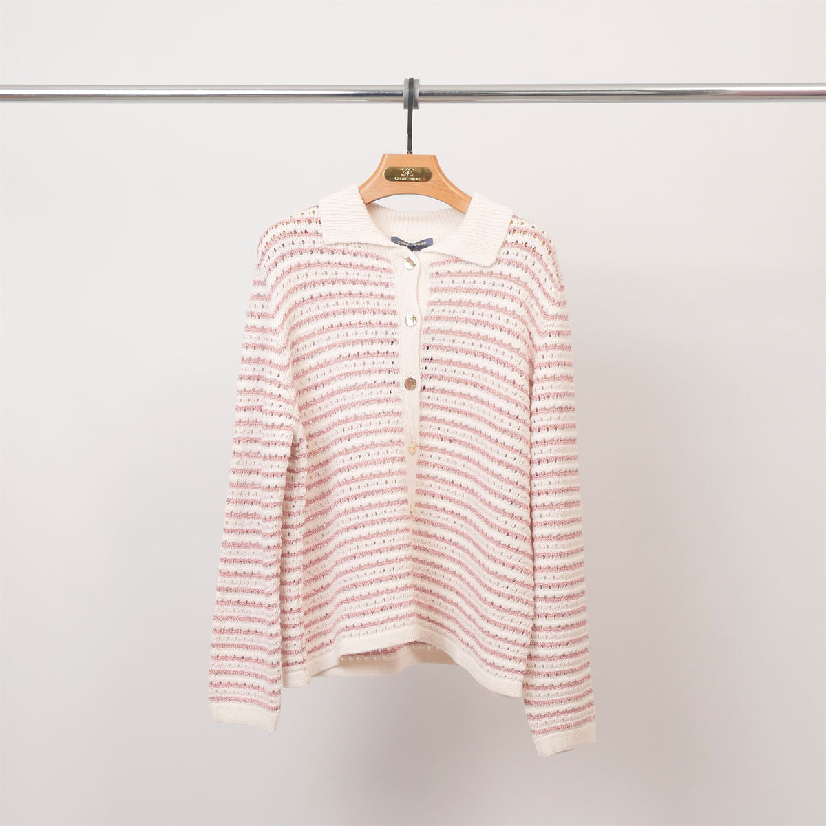 Striped knit polo collar cardigan – buttoned – ca9767