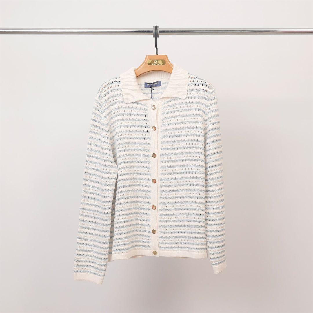 Striped knit polo collar cardigan – Buttoned – CA9767