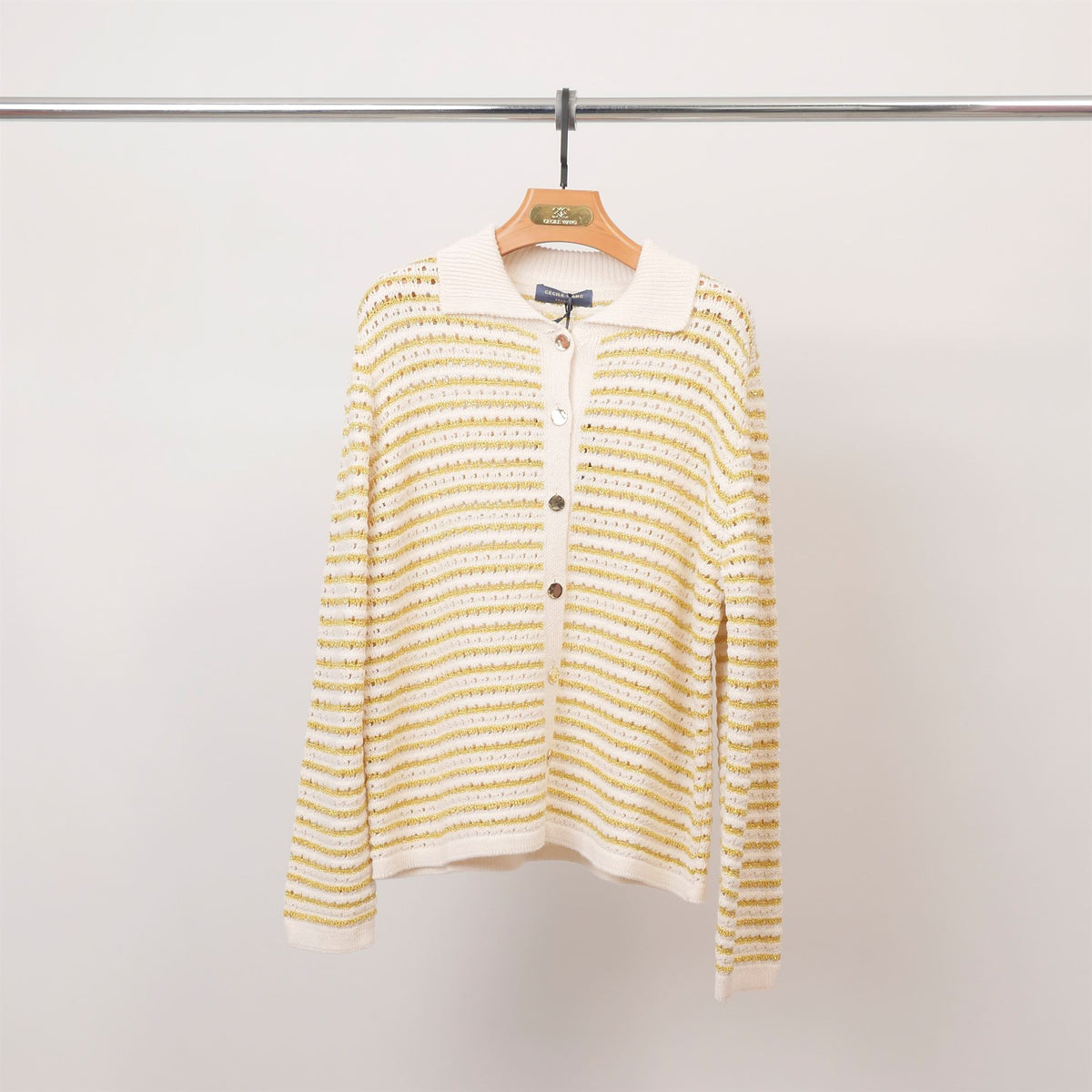 Striped knit polo collar cardigan – buttoned – ca9767