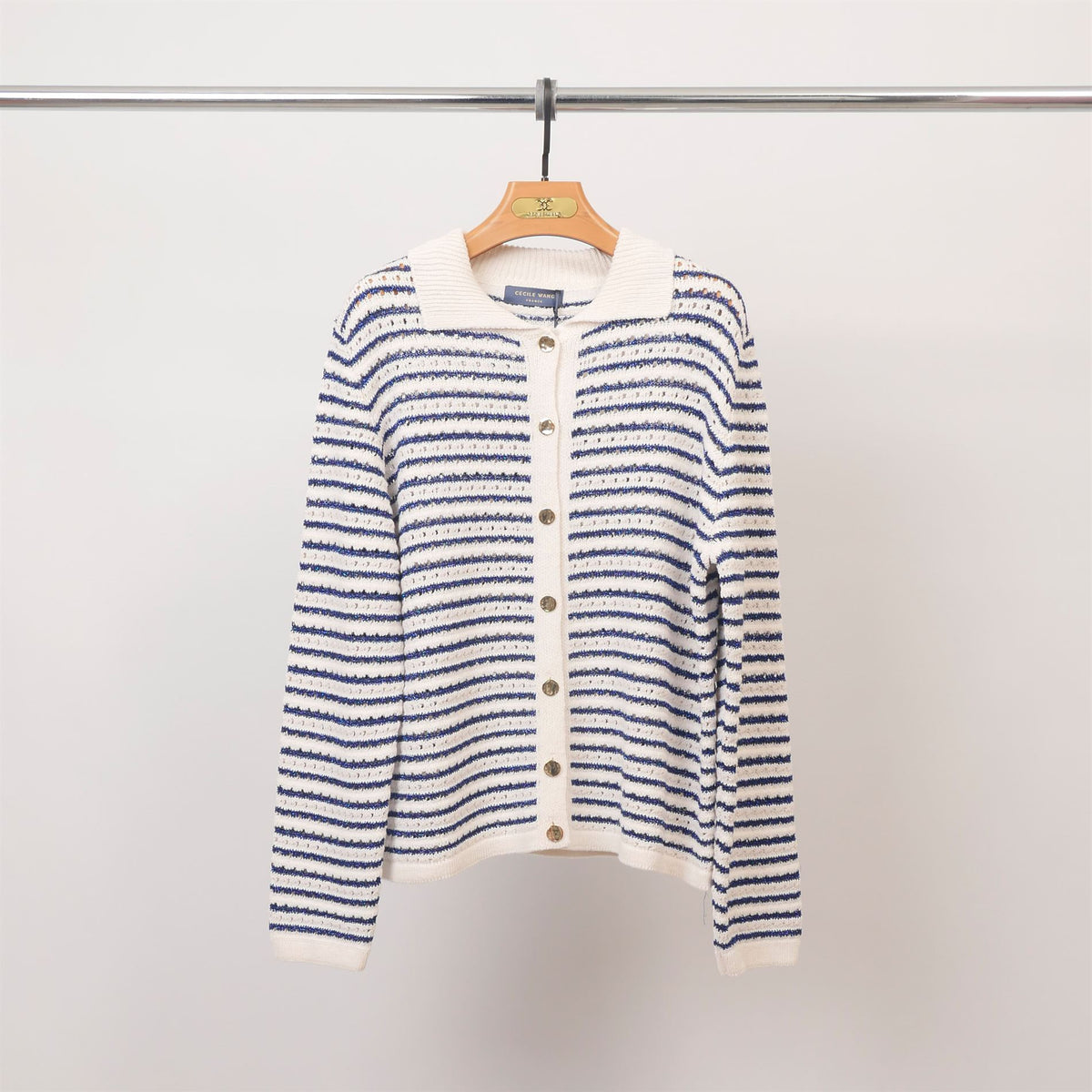 Striped knit polo collar cardigan – buttoned – ca9767