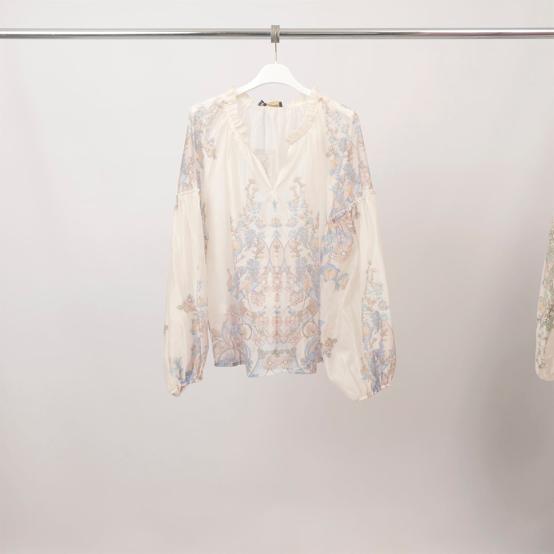 Printed blouse with gathered V-neck – KD8870TC