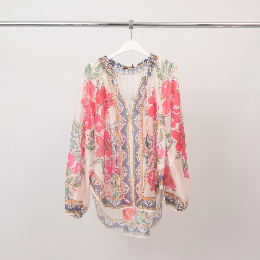 Printed blouse with tie collar and ruffles – BCR01796-2 