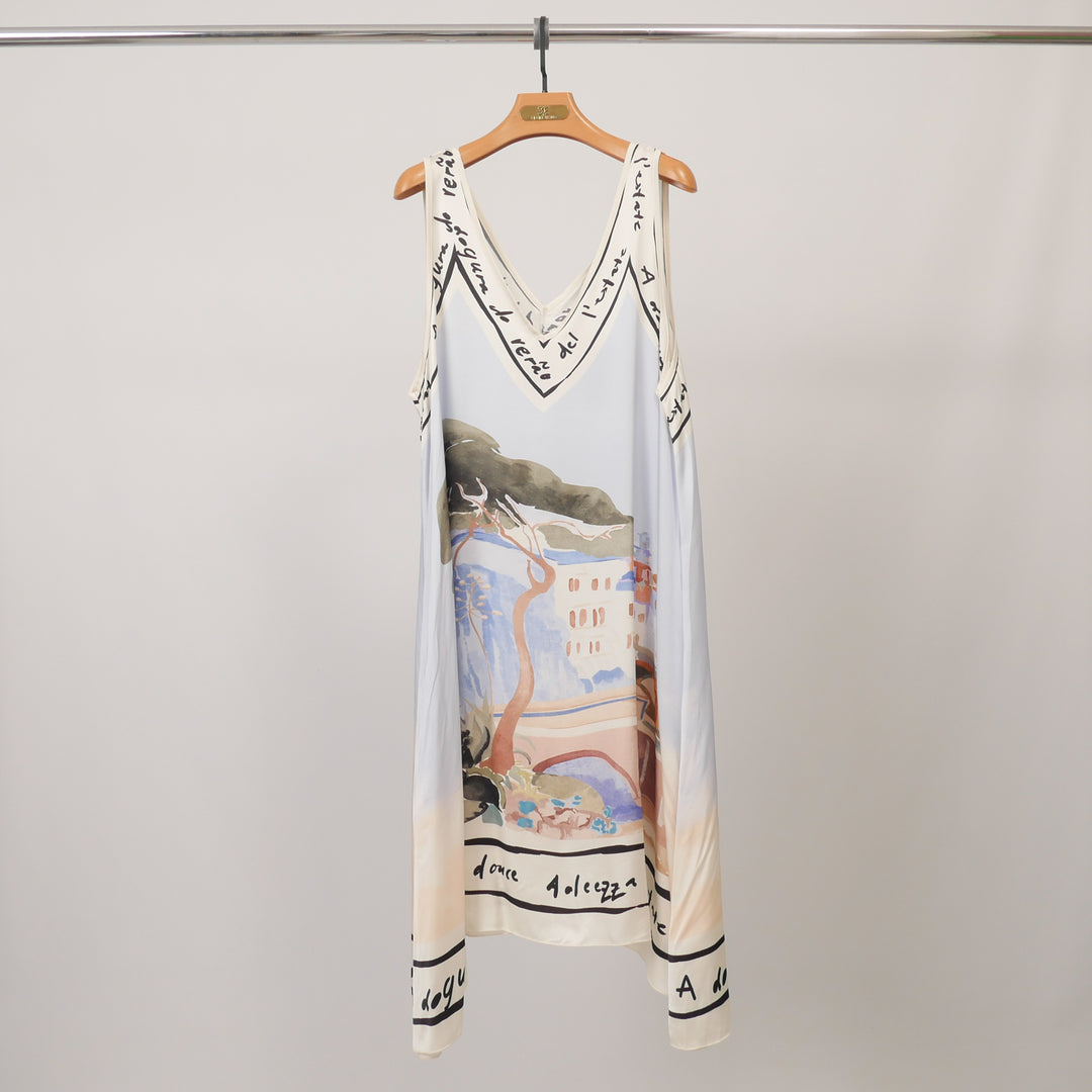 Robe fluide satinée imprimé paysage KD8891VS-2