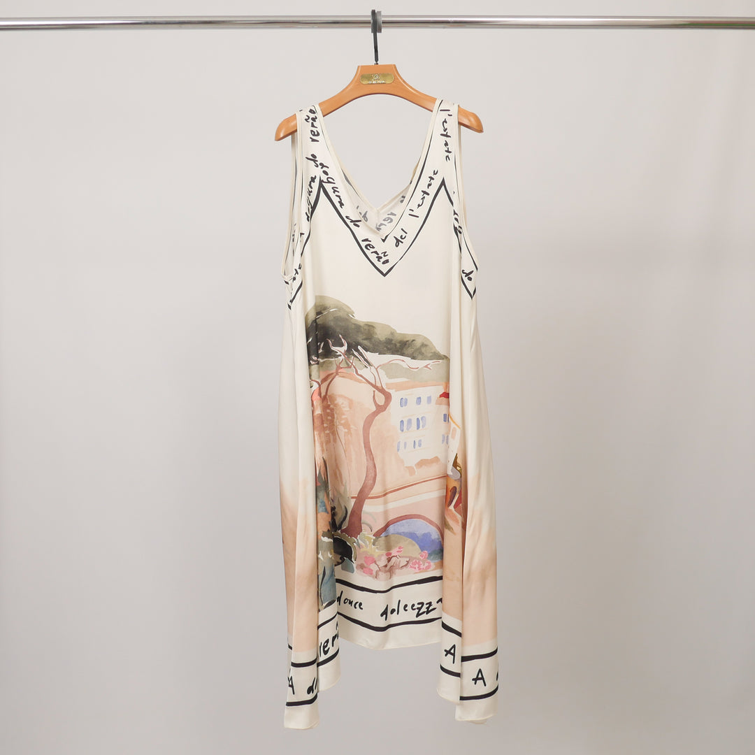 Robe fluide satinée imprimé paysage KD8891VS-2