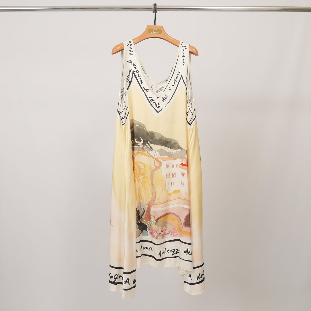 Robe fluide satinée imprimé paysage KD8891VS-2