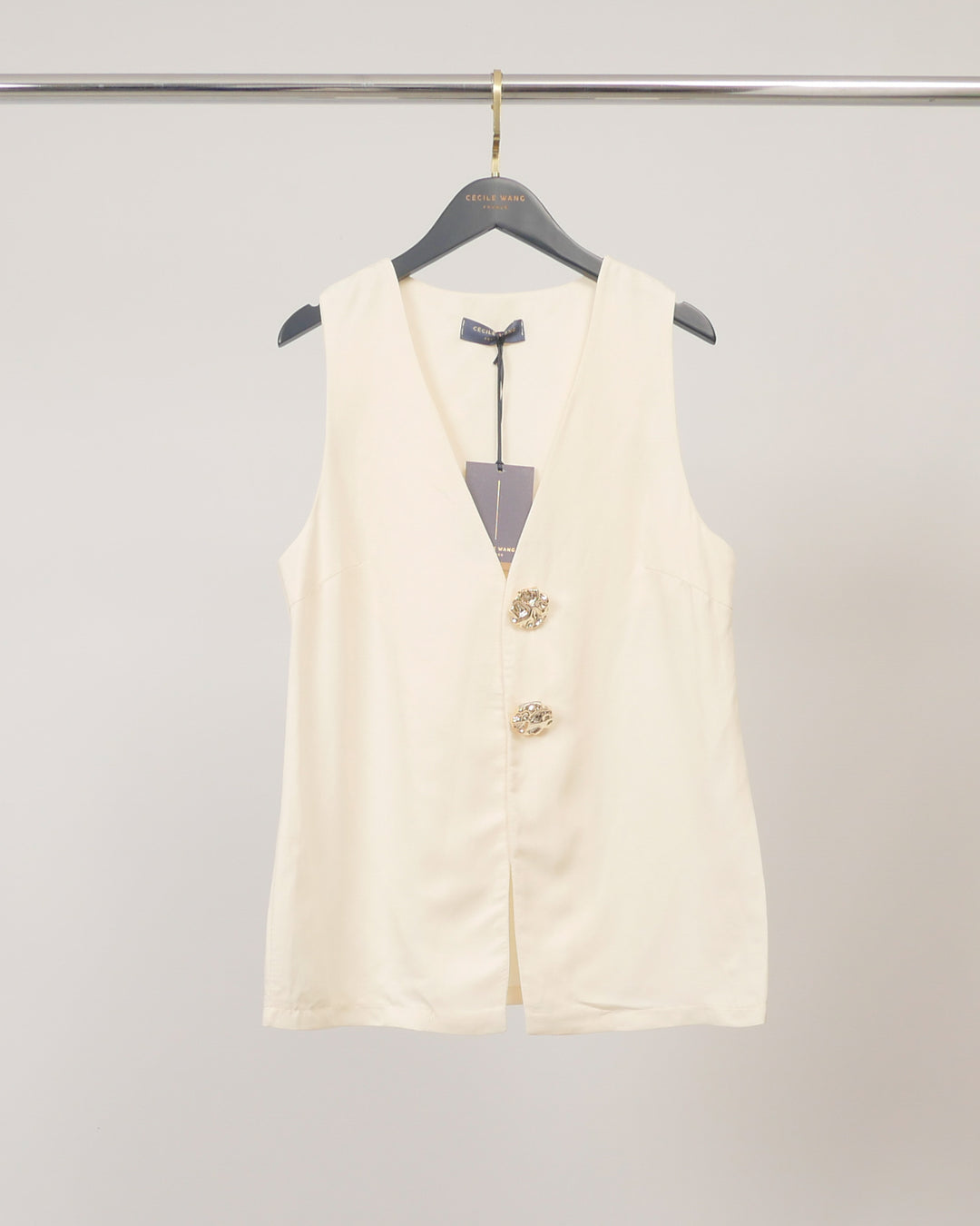 Gilet lyocell-lin col V à boutons bijoux TDM31626