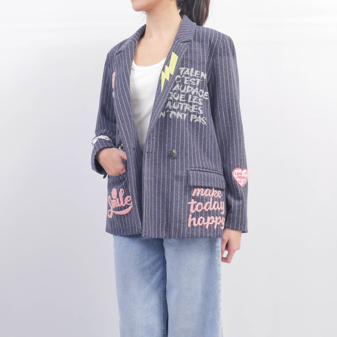 Striped Blazer with Embroidered Lettering – MJ84076