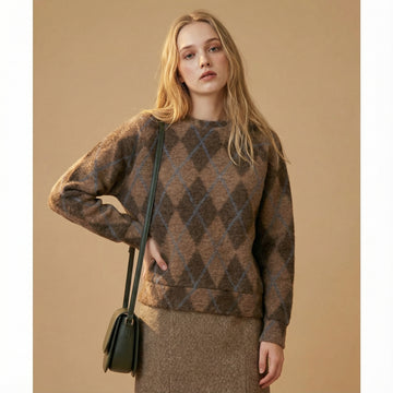 Sweat en laine à motif losange rétro brun – TDM11522-3