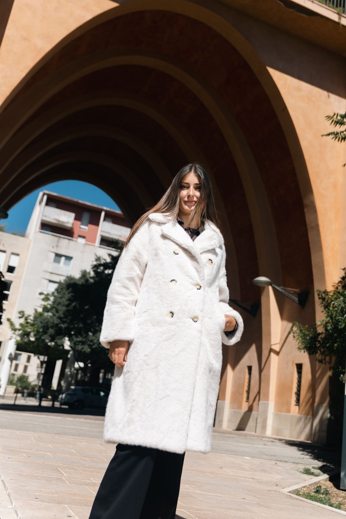 Long double breasted faux fur coat clg2511