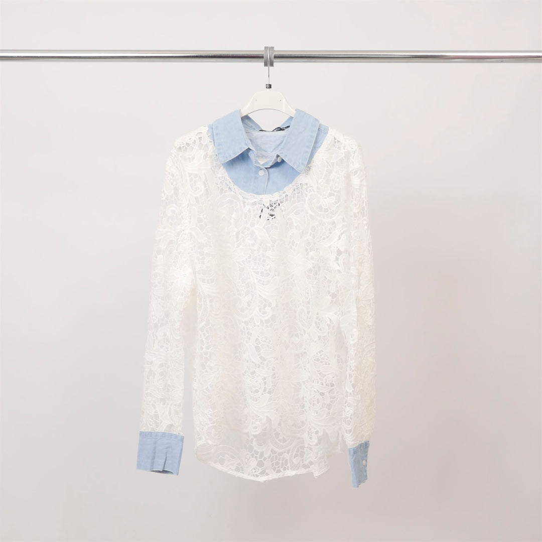 Lace top with denim shirt collar csw5091