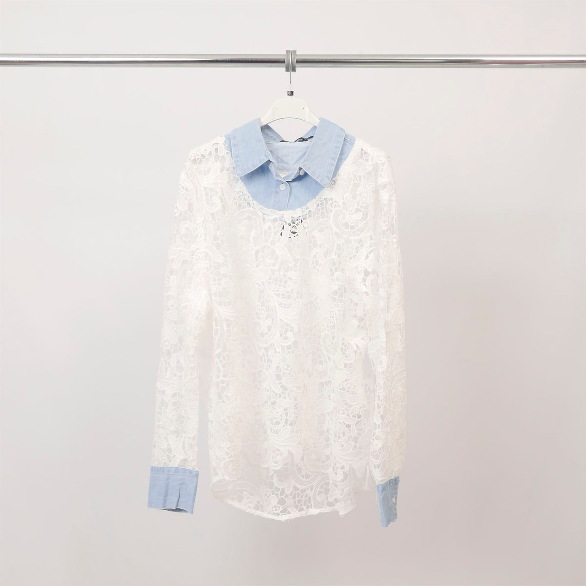 Lace top with denim shirt collar csw5091