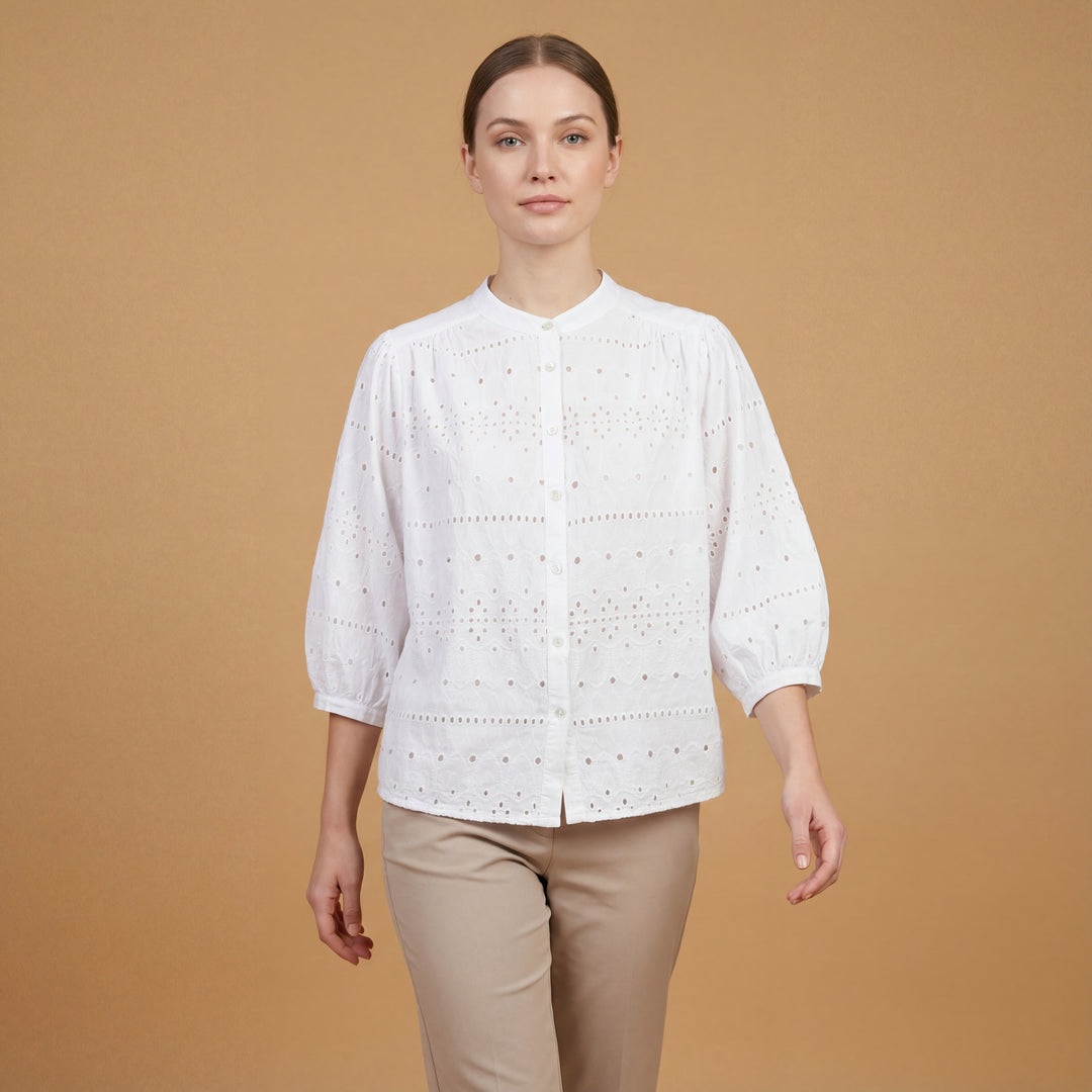 Mandarin collar blouse with English embroidery, cotton MJ60244