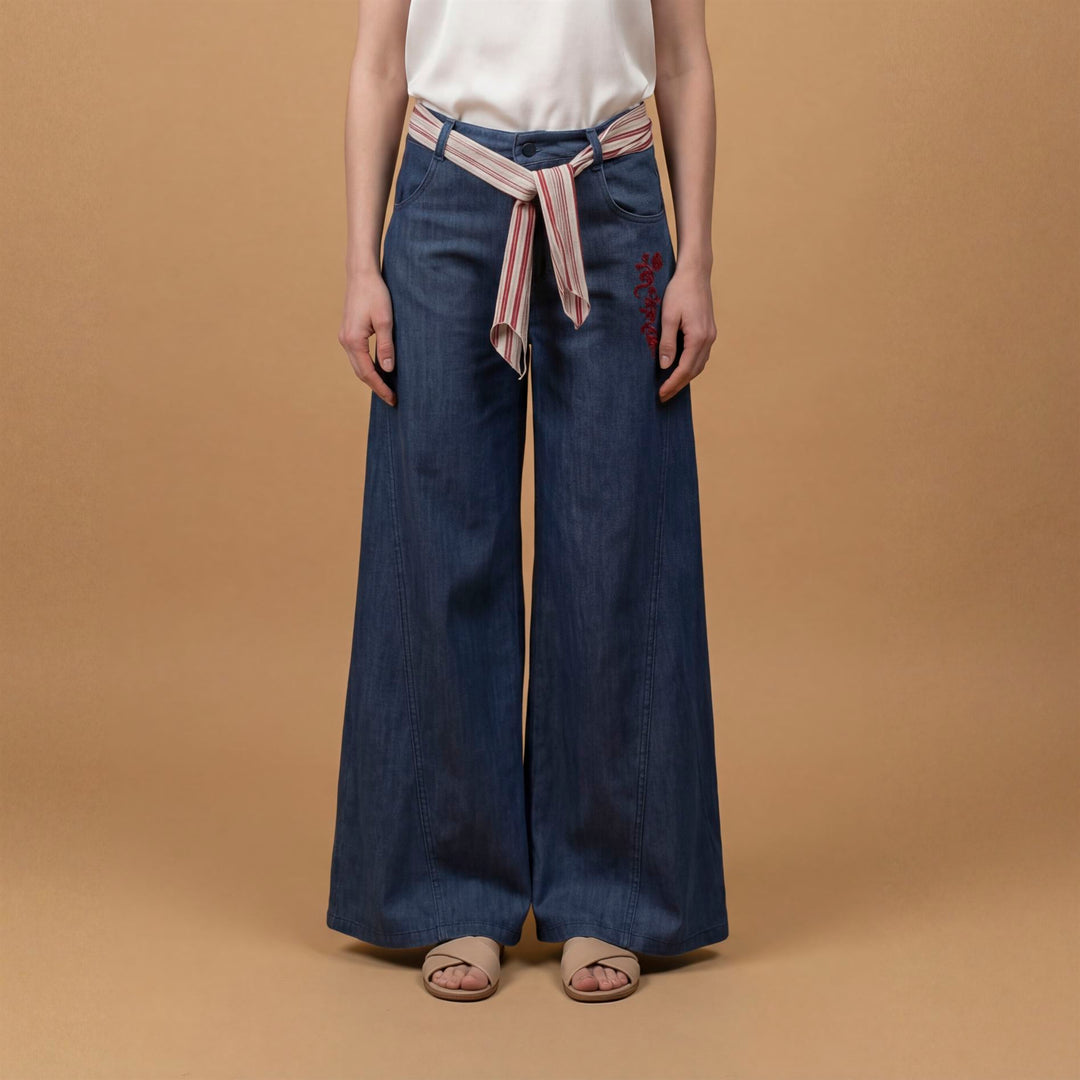 Embroidered denim trousers with scarf belt – BCG03324