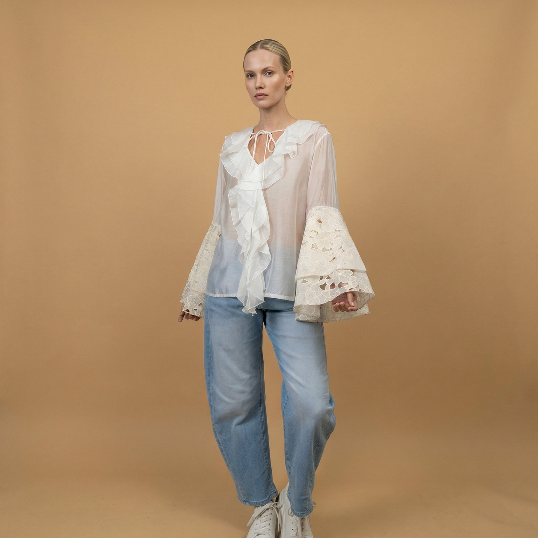 Ruffled blouse with flared lace sleeves – BCR02625