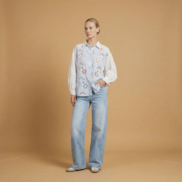 Chemise rayée dentelle fleurs csw5009