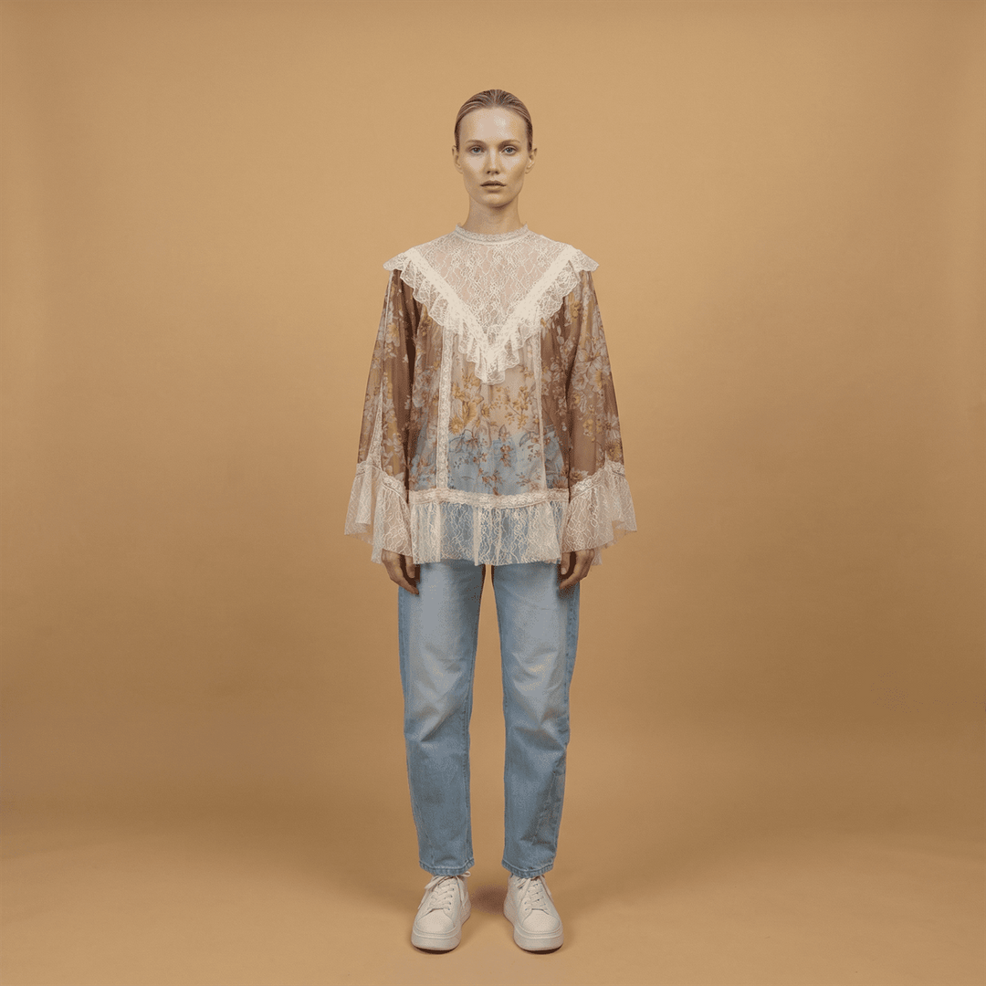 Floral voile blouse with lace and ruffles - BCR02568 