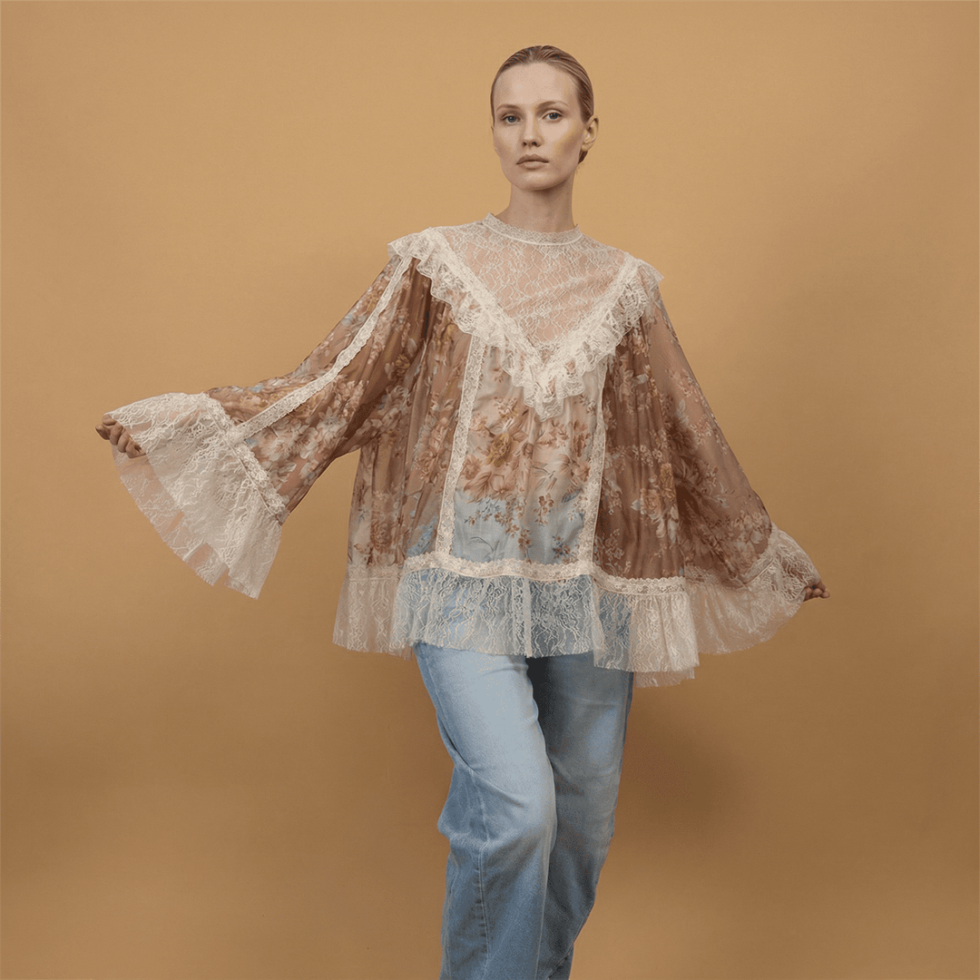 Floral voile blouse with lace and ruffles - BCR02568 