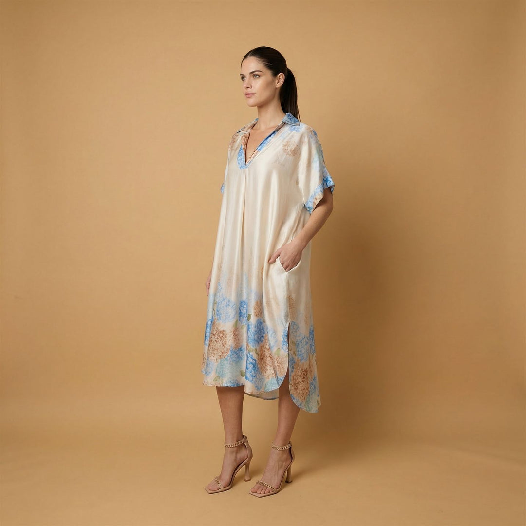 Robe satinée col chemise à imprimé hortensia – KD6917VS-5